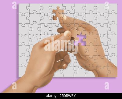 IRONISCHES PUZZLE-Ein Puzzle mit einer Hand, die Puzzleteile hält, wird durch eine identische Hand vervollständigt, die das letzte Teil in einer 3-d-Abbildung hält. Stockfoto