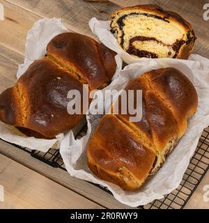 Frisch gebackene, traditionelle rumänische Kuchen, zubereitet an Ostern und Weihnachtsfeiertagen. „Cozonac“ oder „cozonaci“ wird aus süßem Hefeteig hergestellt Stockfoto