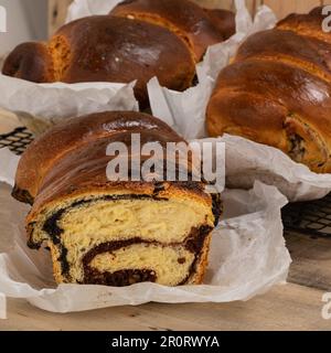 Frisch gebackene, traditionelle rumänische Kuchen, zubereitet an Ostern und Weihnachtsfeiertagen. „Cozonac“ oder „cozonaci“ wird aus süßem Hefeteig hergestellt Stockfoto