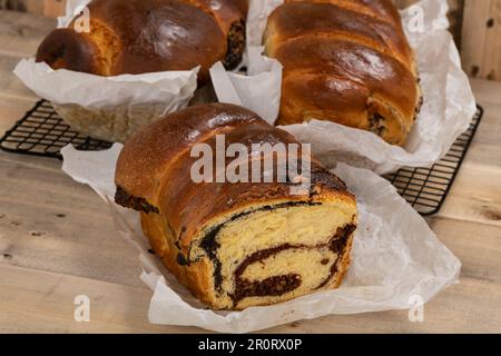 Frisch gebackene, traditionelle rumänische Kuchen, zubereitet an Ostern und Weihnachtsfeiertagen. „Cozonac“ oder „cozonaci“ wird aus süßem Hefeteig hergestellt Stockfoto