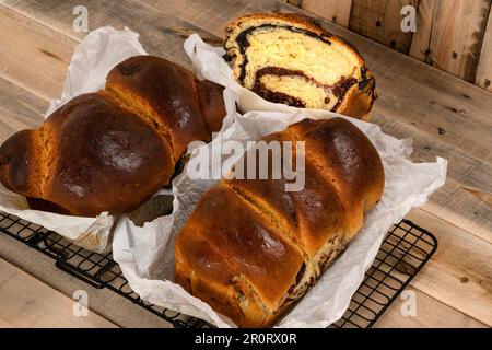 Frisch gebackene, traditionelle rumänische Kuchen, zubereitet an Ostern und Weihnachtsfeiertagen. „Cozonac“ oder „cozonaci“ wird aus süßem Hefeteig hergestellt Stockfoto