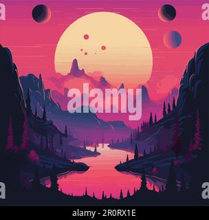 Landschaftsvektor eines fremden Planeten, surreale Landschaft mit drei Monden Stock Vektor