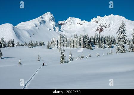 Eine Frau auf dem Lande, die unter Broken Top Mountain in Zentral-Oregon Ski fährt. Stockfoto