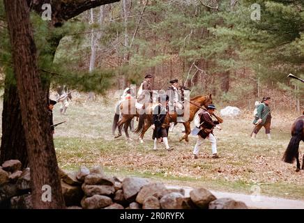 Lexington, Massachusetts, USA - April 2023: Im Minuteman National Histori stoßen koloniale und britische Truppen auf Musketen, die auf der Battle Road schießen Stockfoto