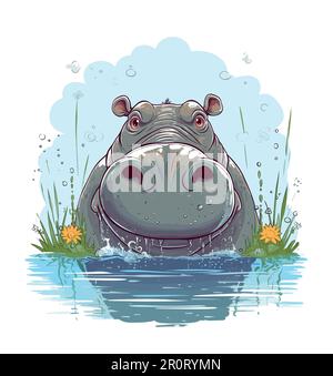 Cartoon-Tier, süßes Nilpferd auf blauem Hintergrund. Flache Konstruktion.Vektordarstellung. Stock Vektor