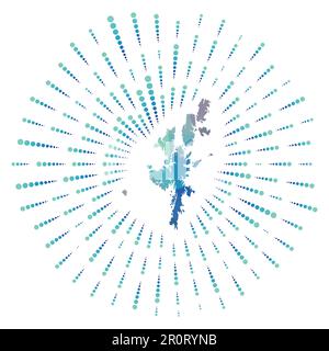 Gestalt des Festlandes, polygonaler Sonnenbrand. Karte der Insel mit farbenfrohen Sternenstrahlen. Stock Vektor