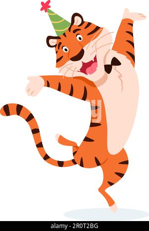 Flacher, niedlicher, hüpfender Tiger auf weißem Hintergrund. Stock Vektor