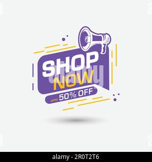 Shoppen Sie jetzt das Abzeichen mit Megafon und 50 Prozent Rabatt auf Tag- und Sale-Banner-Vorlagen-Design für soziale Medien Stock Vektor