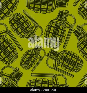 Blaues Handgranatensymbol isoliertes nahtloses Muster auf gelbem Hintergrund. Bombenexplosion. Stock Vektor