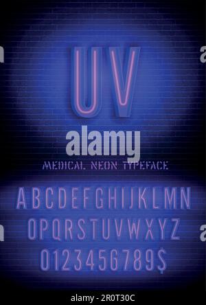 UV-Zeichen und UV-Neon-Kastenschriftart mit Zahlen auf dunklem Vektorhintergrund aus Ziegelstein. Medizinisches Nachtlicht Alphabet extra Leuchteffekt Stock Vektor