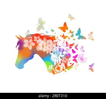 Silhouette des Pferdekopfes aus Blumen und Schmetterlingen. Vektordarstellung Stock Vektor