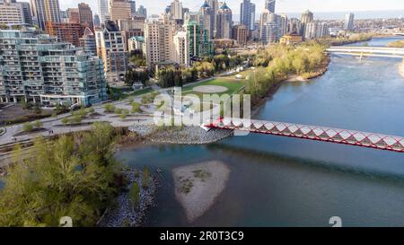 Die Skyline von Calgary am Bow River aus der Vogelperspektive. Stockfoto