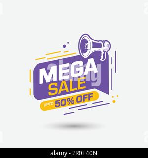 Abzeichen für Sonderangebote mit Megafon und 50 % Rabatt auf Tag-, Sale-Banner-Vorlagen-Design-Vektor für soziale Medien Stock Vektor