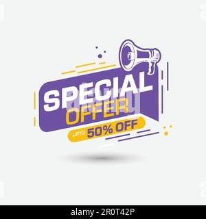 Abzeichen für Sonderangebote mit Megafon und 50 % Rabatt auf Tag-, Sale-Banner-Vorlagen-Design-Vektor für soziale Medien Stock Vektor