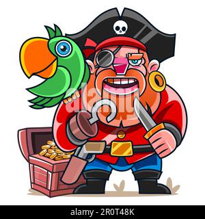 Ausgeschnittene Silhouette des Kapitäns eines Piratenschiffs mit Hut, Schädel und Kreuzbein. Bärtiger Pirat Stock Vektor