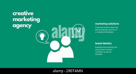 Banner der Kreativ-Marketing-Agentur auf grünem Hintergrund. Elegantes Kreativitätsbanner mit weißem Text und Symbolen für Unternehmen und Marketing Stock Vektor