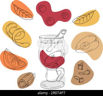 Set von Zeichenelementen eines Glasbechers mit Zutaten und Gewürzen für Glühwein mit bunten Flecken. Isolieren. Design für Poster, Banner, Broschüren, Gruß- oder Einladungskarten. Vektor. EPS. Stock Vektor