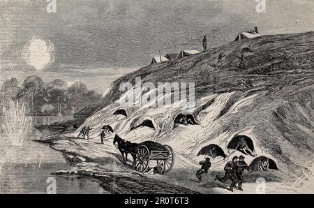 Am Dutch Gap Canal, Farrar's Island, Virginia, werden während des Amerikanischen Bürgerkriegs 1864 Muscheln von Howlett's Battery geworfen und Arbeiter Zuflucht in Höhlen gesucht Stockfoto