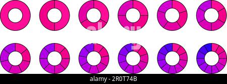 Segmentsammlung für Ringdiagramme. Raddiagramme in pinkfarbenen Lila. Umrissabschnitte und Slices Pack. Von 1 bis 12 Segmenten von Infografiken. Verschiedene Phasen und Phasen des Zyklus. Vektor Stock Vektor