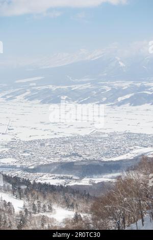 Landschaft von Furano City, Hokkaido im Winter Stockfoto