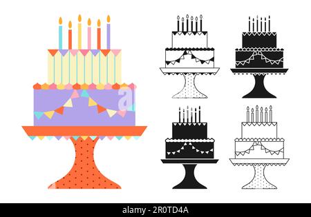 Mit Geburtstagskuchen dekorierte Girlande. Cartoon Celebration Dessert Symbolstempel, Line Doodle Set. Party köstlicher Cupcake süße leckere Backwaren-Sammlung. Geburtstagskuchen, Dekoration, Gebäckdesign Stock Vektor