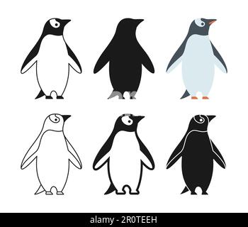 Pinguin-Vogel-Cartoon-Set. Lustige antarktische Vogel niedliche Winterkollektion, Line Doodle oder Silhouette. Flache, moderne Figur, Pinguinsymbol. Handgezeichnete einfache abstrakte Zoovektordarstellung Stock Vektor