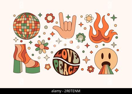 Coole Elemente im Retro-Hippie-Style 70s. Geometrische abstrakte Vektoraufkleber: Disco Ball, Rock Hand, Fire, Shoe und Emoji Stock Vektor