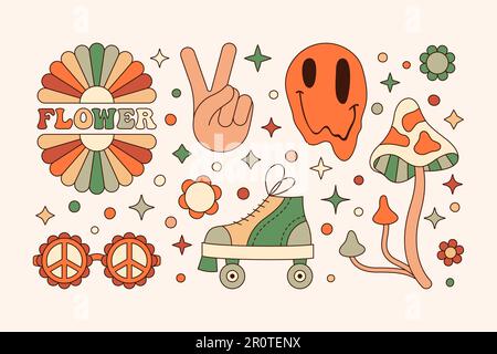 Groovy-Elemente im Retro-Hippie-Stil 70s . Geometrische Abstrakte Vektoraufkleber: Gänseblümchen, Siegeshand, Schmelzgesicht, Pilz, Rollen Stock Vektor