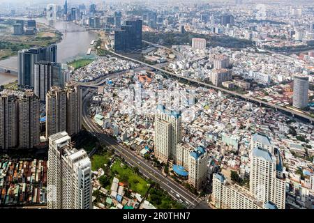 Luftaufnahme von der Aussichtsplattform Landmark 81, Ho-Chi-Minh-Stadt, Vietnam Stockfoto