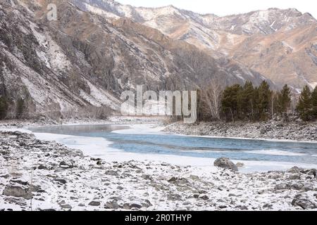 Das geschmolzene, gewundene Bett eines breiten Flusses, der durch einen Winterwald und hohe schneebedeckte Berge fließt. Katun, Altai, Sibirien, Russland. Stockfoto