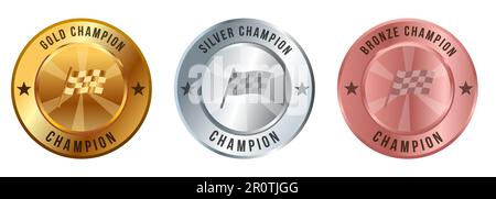 Mit Karomuster winkende Rallye-Flagge Goldmedaille Silber Bronze Sport Trophy Award Championship Stock Vektor