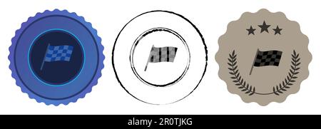 Schachbrettförmige Rallye-Flagge flache blaue Medaille Rennsport Trophäen-Wettbewerb Meisterschaft Stock Vektor