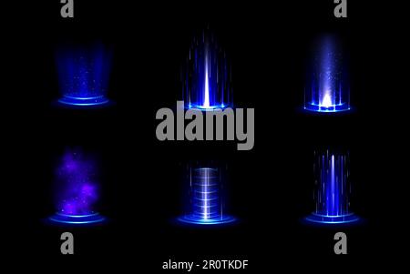 Realistische Portale mit blauem Licht, isoliert auf schwarzem Hintergrund. Vektordarstellung eines Kreispodiums mit Neonhologramm und leuchtendem Staub. Futuristischer Teleport, magischer Energieeffekt, Zukunftstechnologie Stock Vektor