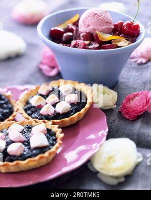 Gedünstete Kirschen mit Joghurteis, schwarze Johannisbeertörtchen garniert mit gegrillten Marshmallows Stockfoto