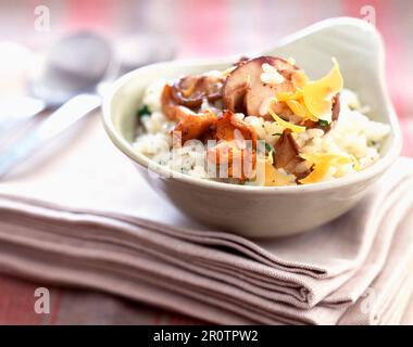 Risotto mit Pilzen und Mimolette-Käse Stockfoto