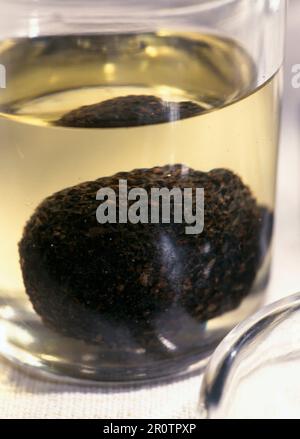 Schwarze Trüffel in Öl in einem Glas Stockfoto
