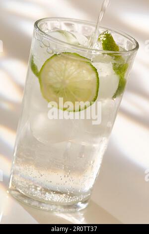 Mineralwasser mit Zitronenscheibe Stockfoto