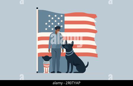 Ein amerikanischer Mann und ein Hund stehen vor der amerikanischen Flagge. Stock Vektor