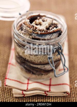 Glas Sardellen in Salz Stockfoto