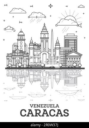 Umreißen Sie die Skyline von Caracas Venezuela mit modernen und historischen Gebäuden, isoliert auf Weiß. Vektordarstellung. Caracas Stadtlandschaft mit Wahrzeichen Stock Vektor