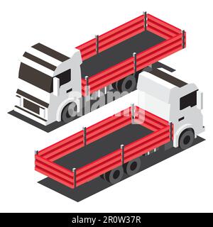 Isometrischer Roter Flachbett-Laster. Gewerblicher Transport. Logistik. City-Objekt für Infografiken. Vektordarstellung. Auto für Güterbeförderung. Stock Vektor