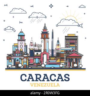 Skizzieren Sie die Skyline von Caracas Venezuela City mit farbigen historischen Gebäuden, die auf Weiß isoliert sind. Vektorgrafik. Stadtbild von Caracas mit Wahrzeichen. Stock Vektor