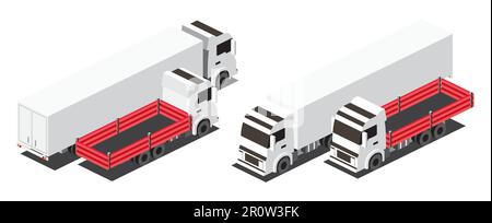 Isometrischer roter Flachbettkraftfahrzeug und Lkw-Anhänger mit Container. Gewerblicher Transport. Logistik. City-Objekt für Infografiken. Vektordarstellung Stock Vektor
