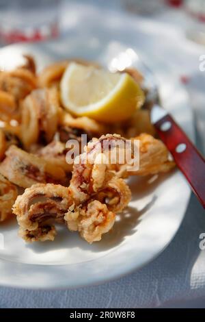 Frittierte Tintenfischringe Stockfoto