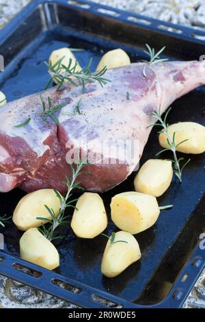 Lammkeule mit Kartoffeln und Rosmarin vor dem Rösten Stockfoto