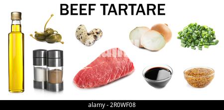 Set mit verschiedenen frischen Zutaten für leckere Rindertartare auf weißem Hintergrund Stockfoto
