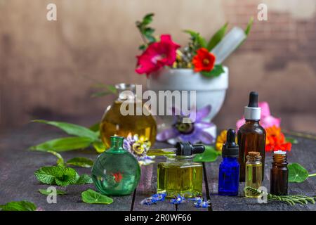 Verschiedene ätherische Öle in Ampullen umgeben von Heilpflanzen und Blumen Stockfoto