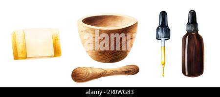 Wässriges Set aus Seife, Glasflasche mit Serum und Holzmörtel und Stößel isoliert auf weißem Hintergrund. Kosmetikprodukte und Botanik-Elemente, kosmet Stockfoto