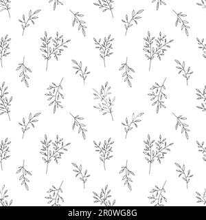 Schwarze Linie mit Blattöl und nahtlosem Muster. Editable Stroke Vintage Pflanzen Ausmalen Buch Umriss Druck Baum Zweig Busch Blumen Textil Heim Dekor Naturpflege Kosmetik Tapete Geschenkpapier Hintergrund Stock Vektor