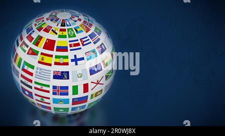 Flaggen rund um den Globus auf blauem Hintergrund. 3D-Darstellung. Stockfoto